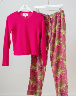 Bundles | Pajama Sets<Printfresh Bagheera - Pointelle Long Sleeve u0026 Lightweight Flannel PJ Pants Set - Hot Pink