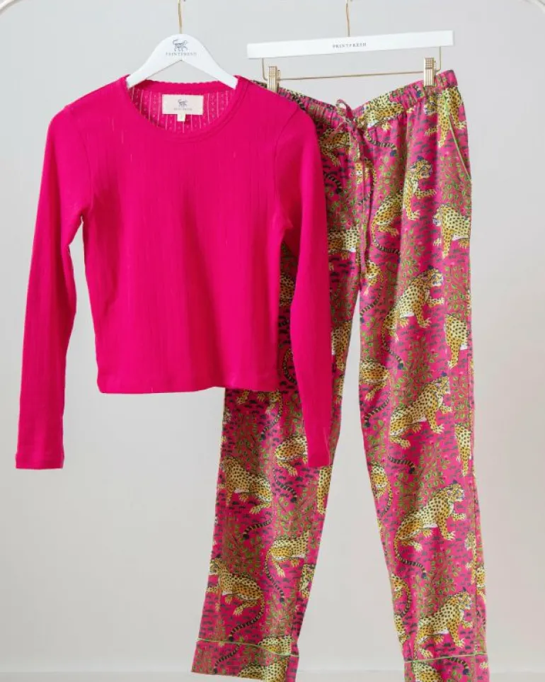 Bundles | Pajama Sets<Printfresh Bagheera - Pointelle Long Sleeve u0026 Lightweight Flannel PJ Pants Set - Hot Pink
