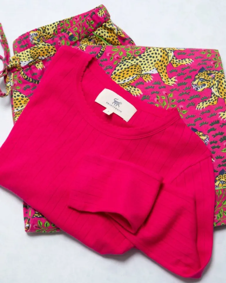 Bundles | Pajama Sets<Printfresh Bagheera - Pointelle Long Sleeve u0026 Lightweight Flannel PJ Pants Set - Hot Pink