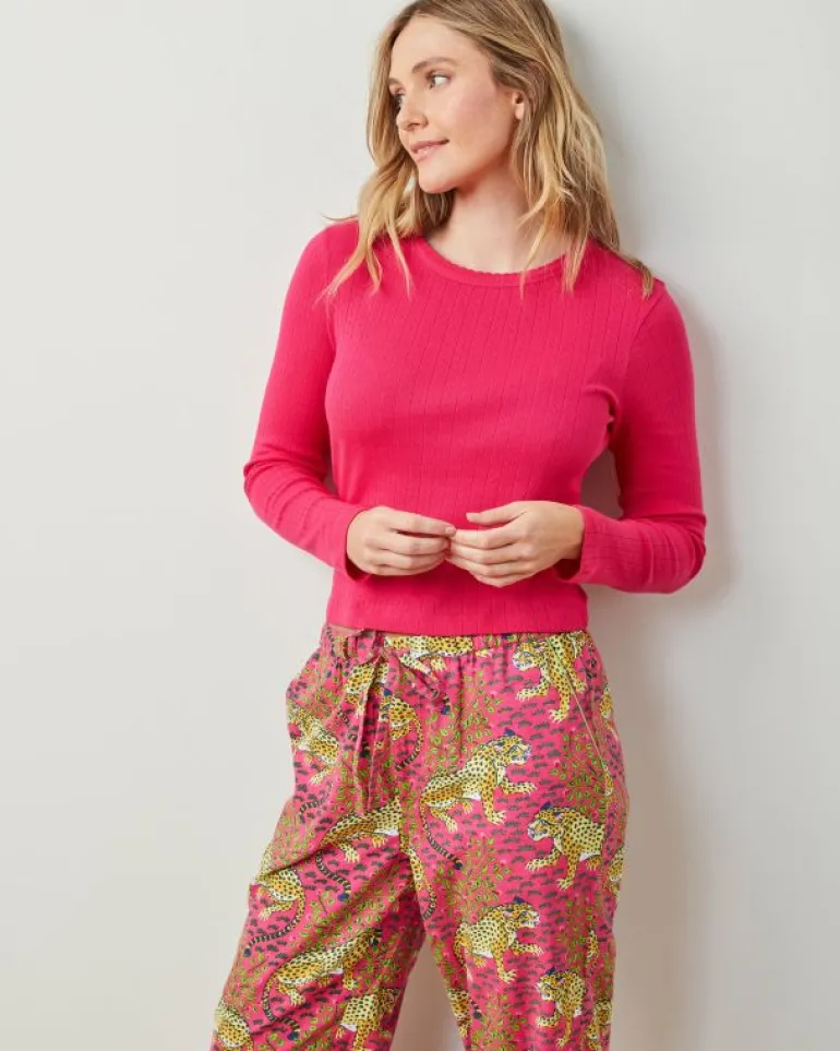 Bundles | Pajama Sets<Printfresh Bagheera - Pointelle Long Sleeve u0026 Lightweight Flannel PJ Pants Set - Hot Pink