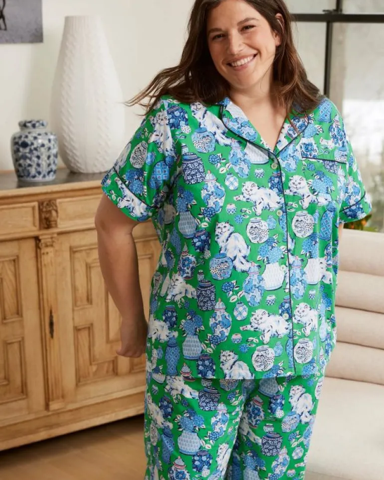 Pajama Sets<Printfresh Fancy Cat - Short Sleeve Top u0026 Cropped Pants Set - Green Juice GreenJuice