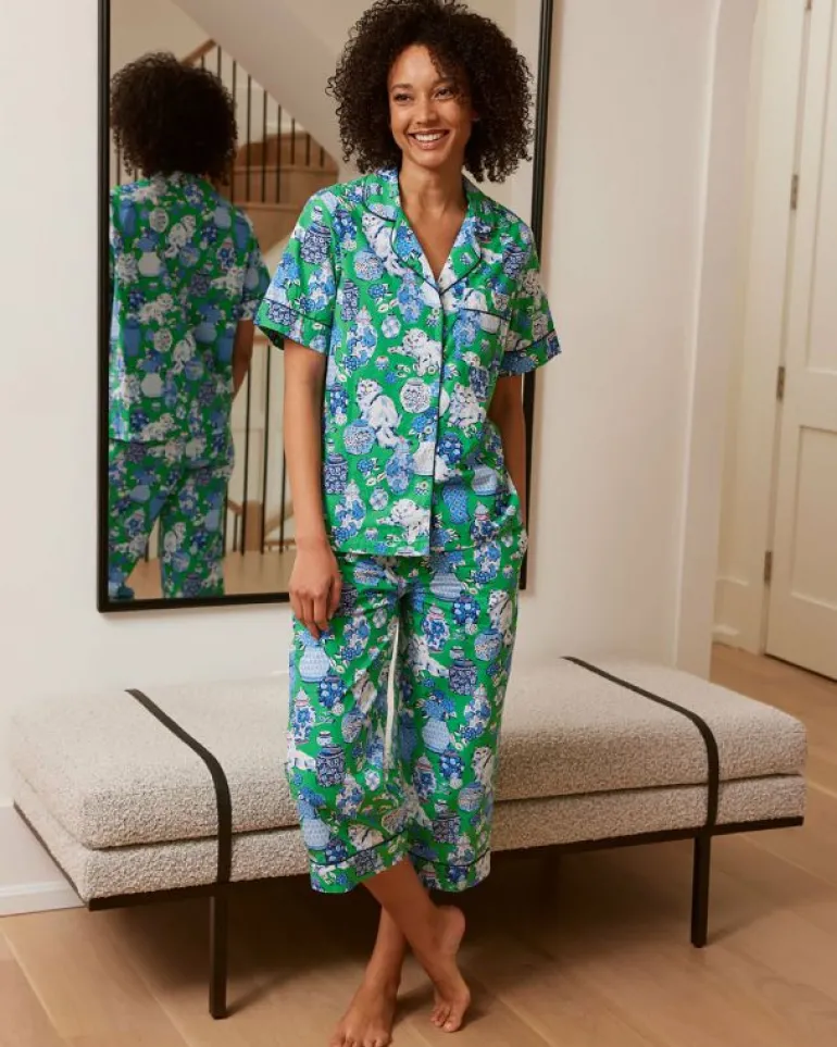 Pajama Sets<Printfresh Fancy Cat - Short Sleeve Top u0026 Cropped Pants Set - Green Juice GreenJuice