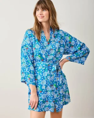 Luxe Satin | Robes<Printfresh Lucky Daisy - Glam Mini Robe - Deep Cobalt DeepCobalt