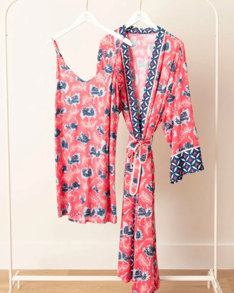 Luxe Satin | Robes<Printfresh Ostrich Dance - Satin Robe u0026 Satin Chic To Sleep Shortie - Fancy Pink