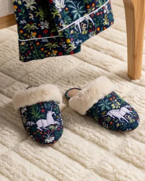 Slippers<Printfresh Unicorn's Garden - Quilted Faux Fur Slippers - Indigo