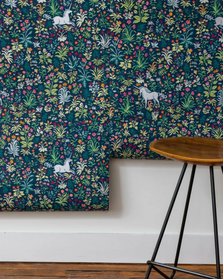 Wallpaper<Printfresh Unicorn's Garden - Wallpaper Double Roll - Indigo